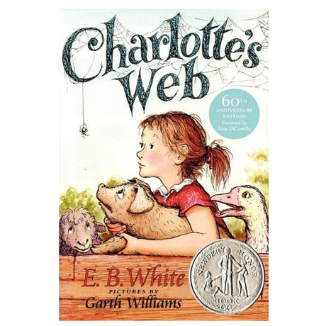 Charlotte's Web book cover showing a girl holding a pig with farm animals and a spider web in the background.