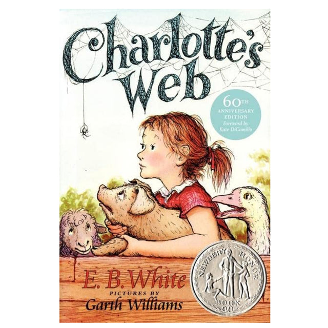 Charlotte's Web book cover showing a girl holding a pig with farm animals and a spider web in the background.