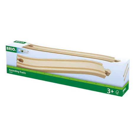 Boxed set of BRIO Ascending Tracks railway pieces for climbing and descending, suitable for ages 3 and up.