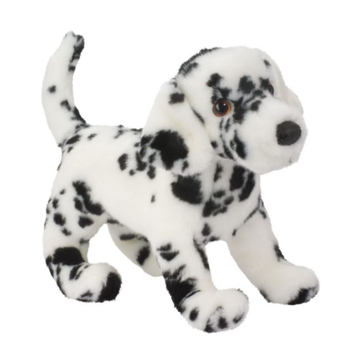 Dalmation plush toy with classic black spots on white fur, soft and cuddly, perfect for kids ages 2 and up.