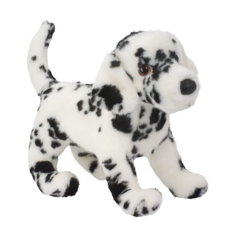 Dalmation plush toy with classic black spots on white fur, soft and cuddly, perfect for kids ages 2 and up.