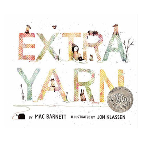 Extra Yarn book cover with colorful knitted letters and illustrations by Jon Klassen, highlighting the magical story.