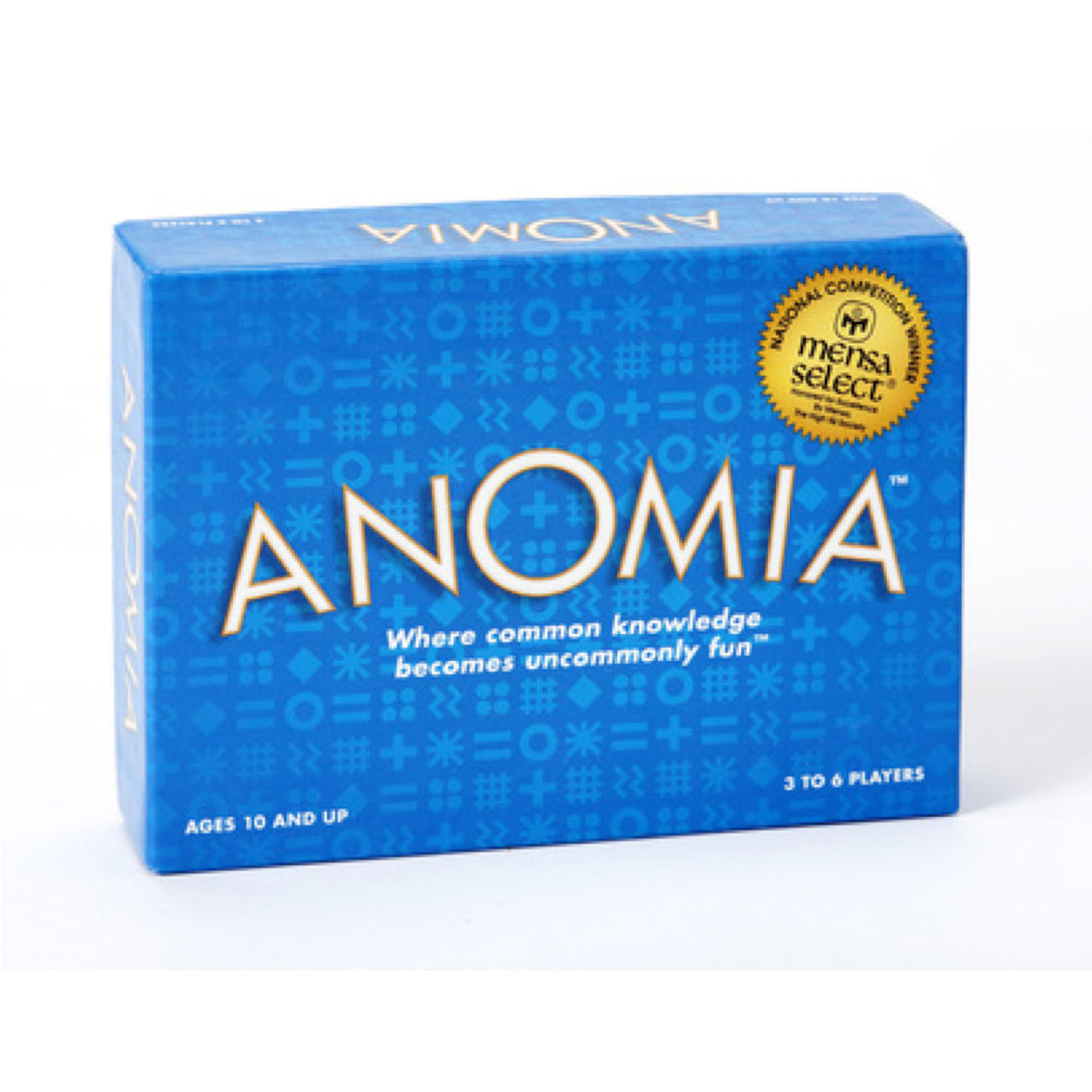 Anomia card game in blue box packaging designed for 3 to 6 players ages 10 and up with Mensa Select award.