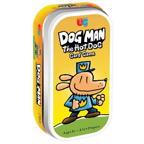 Dog Man The Hot Dog Card Game tin box with cartoon dog character on yellow background for kids ages 5+