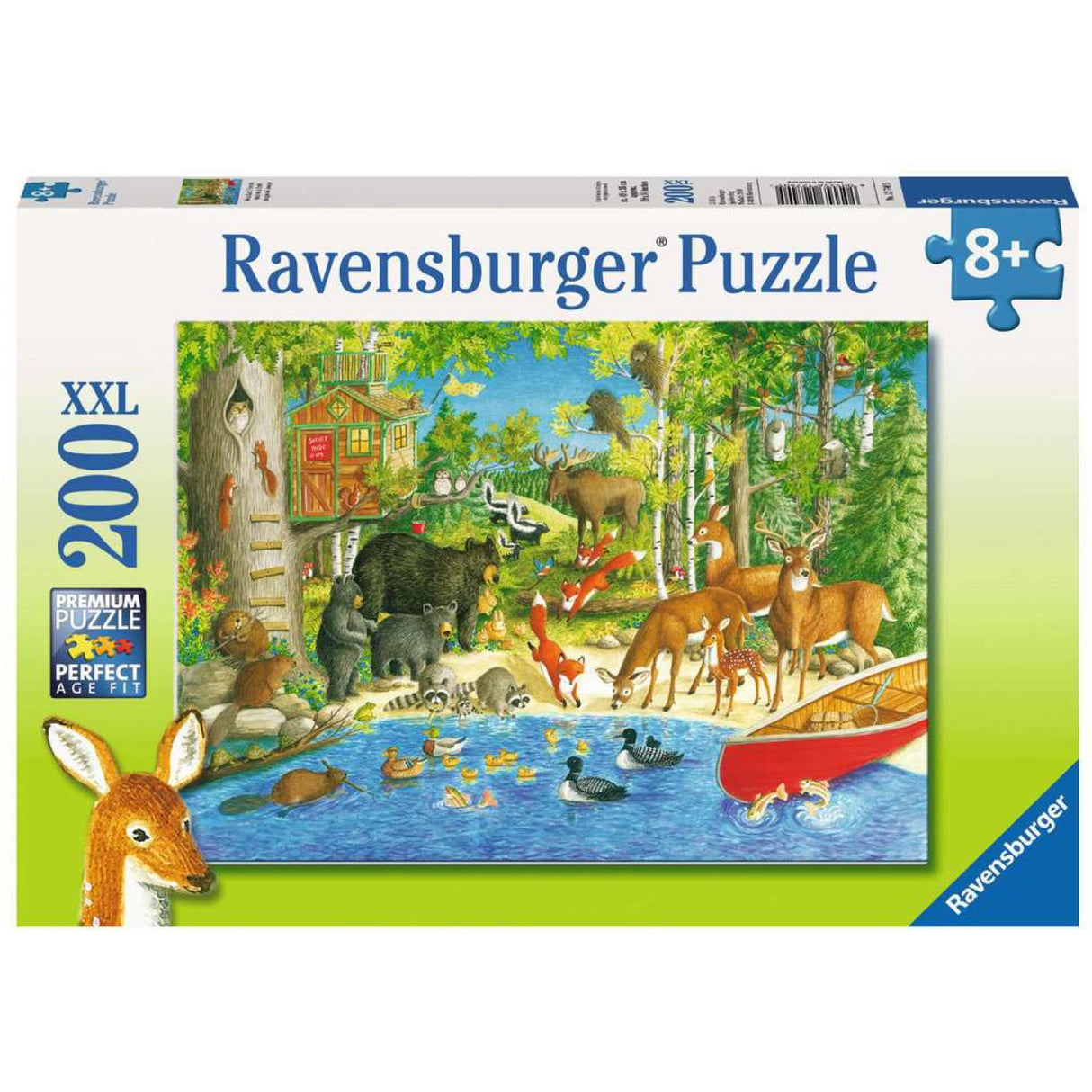 200pc Woodland Friends Puzzle showing a colorful forest scene with animals by Ravensburger for ages 8 and up.