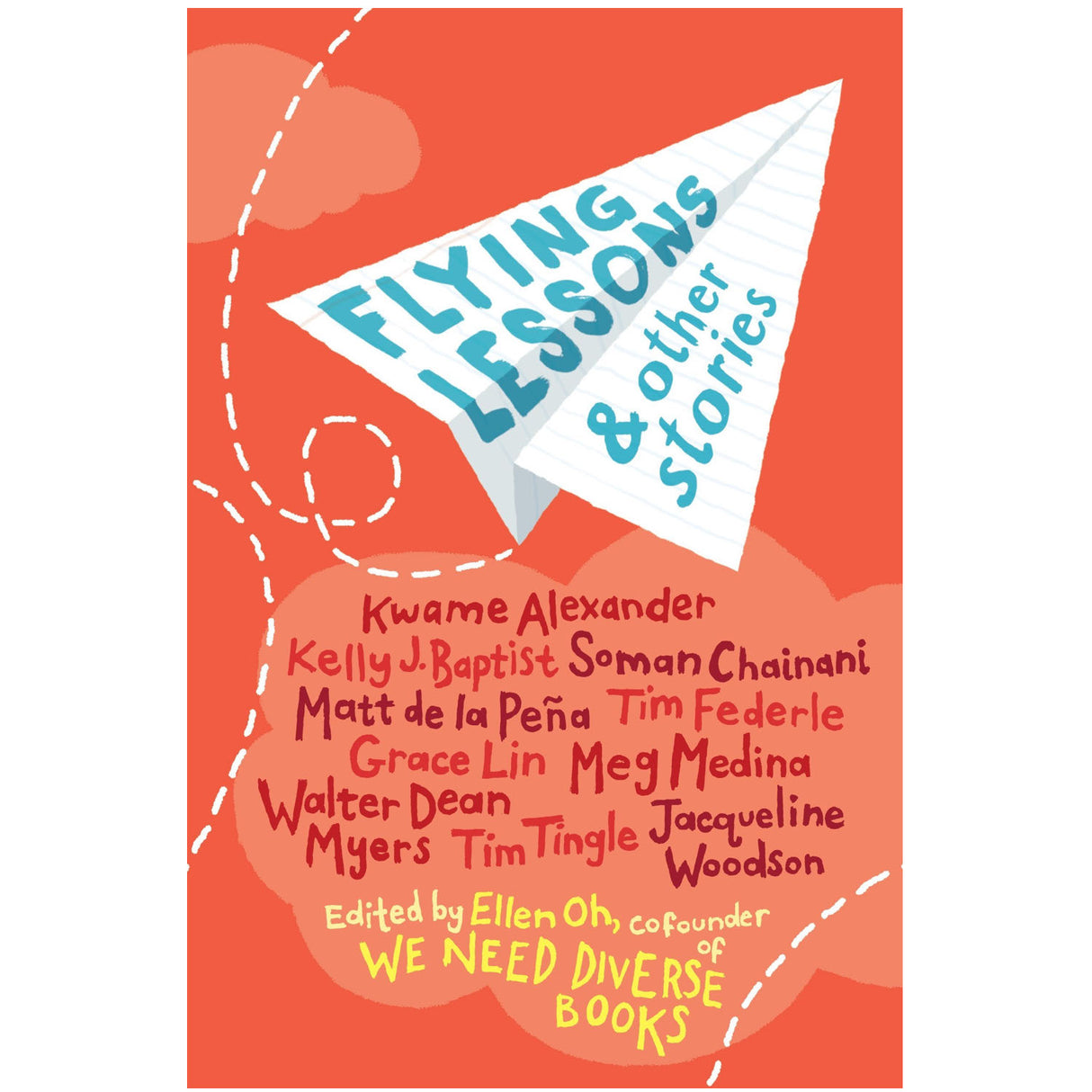Cover of Flying Lessons and Other Stories featuring a paper airplane and names of diverse children’s authors.