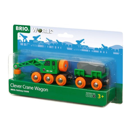 Clever Crane Wagon toy with green crane, orange wheels, and detachable cargo wagon for BRIO train tracks, ages 3 and up.