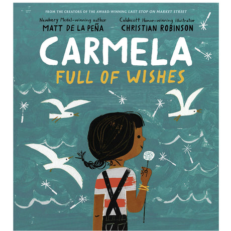 Carmela Full of Wishes book cover showing a girl holding a dandelion surrounded by flying birds.