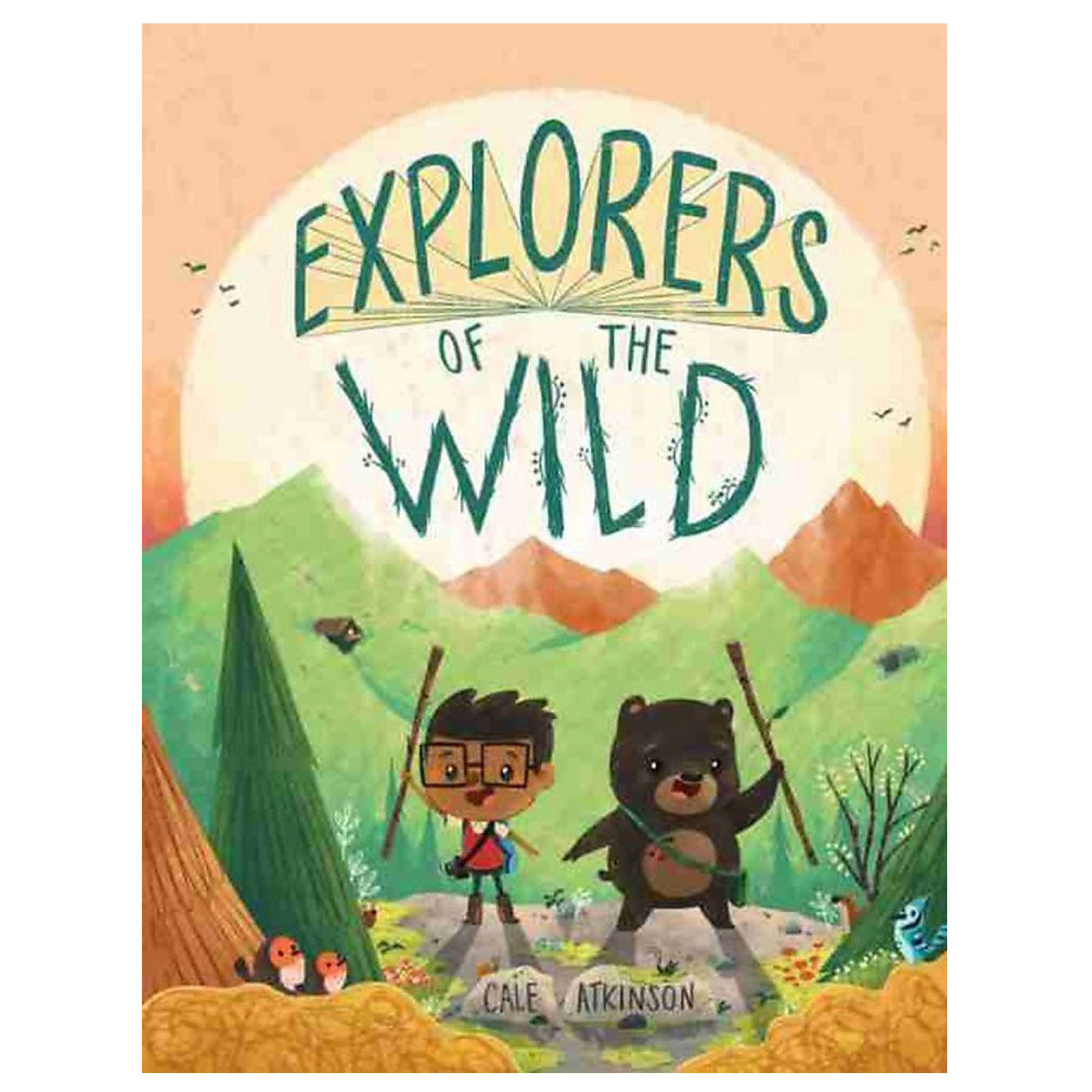 Cover of "Explorers of the Wild" showing a boy and bear with hiking sticks in a colorful mountain forest scene.