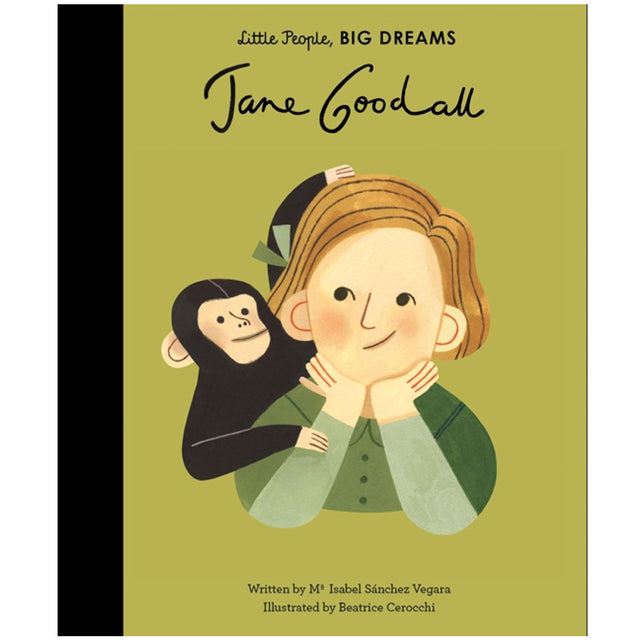 Illustration of Jane Goodall with a chimpanzee on her shoulder on the cover of Little People, Big Dreams: Jane Goodall.