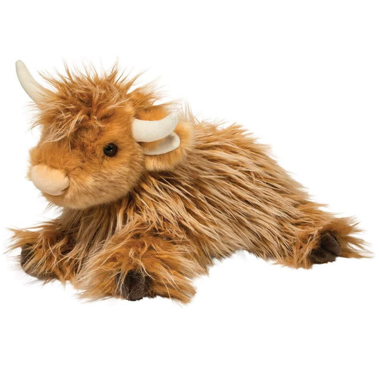 Wallace Highland Cow plush with soft ginger fur, curved horns, and dark eyes lying down in a friendly pose.