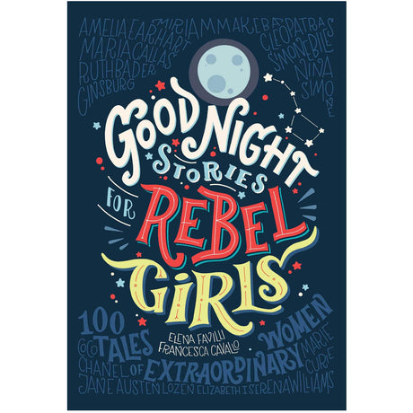 Good Night Stories For Rebel Girls book cover featuring 100 tales of extraordinary women in a bold, colorful design.