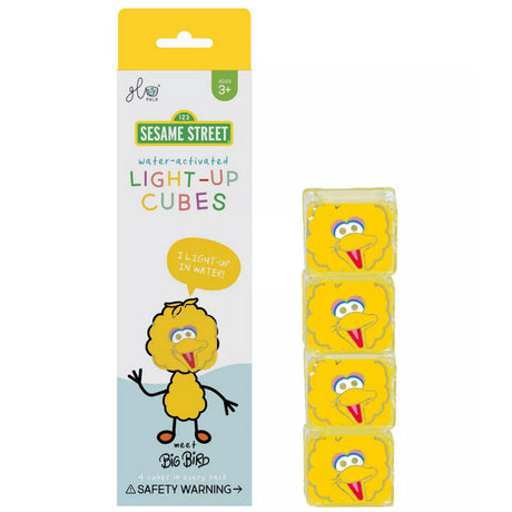 Glo Pals Big Bird water-activated light-up cubes featuring colorful Sesame Street character for bath and play.
