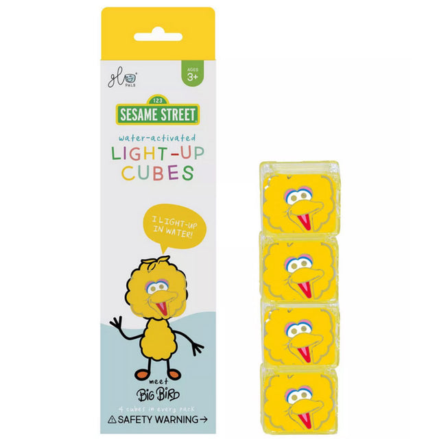 Glo Pals Big Bird water-activated light-up cubes featuring colorful Sesame Street character for bath and play.