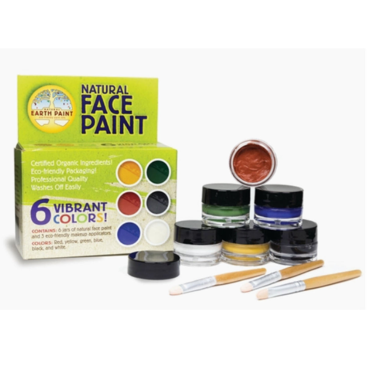 Face Paint Kit - Natural with 6 organic colors and 3 bamboo brushes, eco-friendly and easy to wash off.