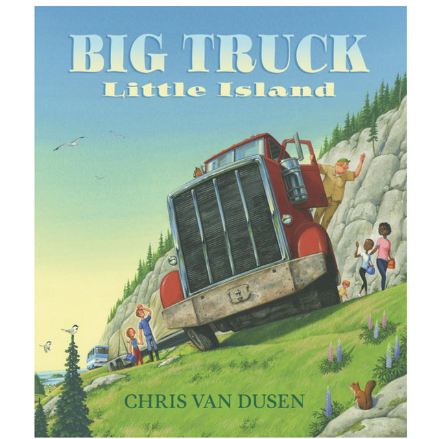 Big Truck Little Island book cover shows a red truck stuck on a hillside with people and animals nearby.
