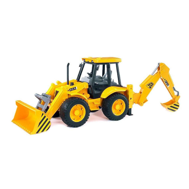 JCB 4CX Loader w. Backhoe toy with movable loader, backhoe, stabilizers, tread tires, and swivel seat in yellow.