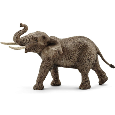 Elephant African Male figurine with raised trunk showing detailed textured skin and tusks in walking pose.