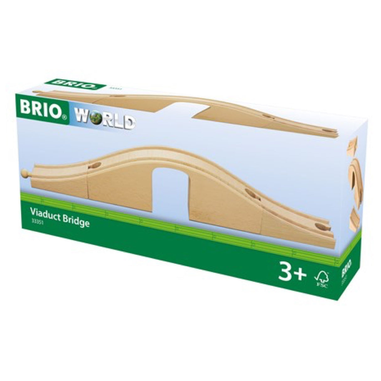 Viaduct Bridge wooden train track piece for BRIO railways, allowing trains to pass over roads, suitable for ages 3 and up.