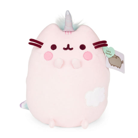 Pusheen Squisheen Pusheenicorn plush with iridescent horn, pink blush, cloud embroidery, and soft elastic fabric.