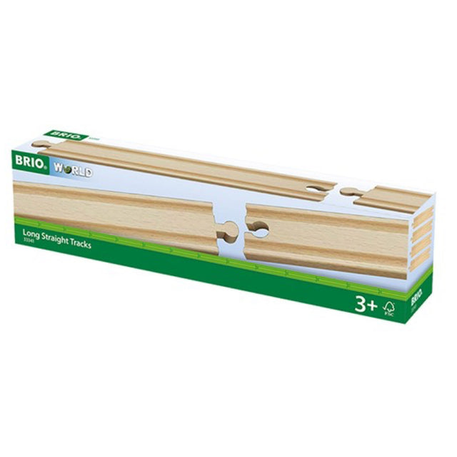 Long Straight Tracks wooden train railway pieces extending BRIO World sets, suitable for ages 3 and up.