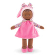 Miss Floral Sweet Dreams soft baby doll in pink dress with floral sleeves and hat, cuddly and perfect for tiny hands.