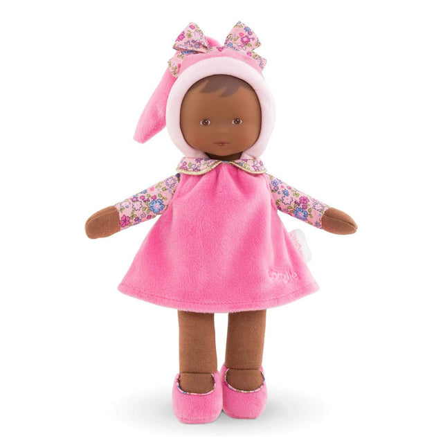 Miss Floral Sweet Dreams soft baby doll in pink dress with floral sleeves and hat, cuddly and perfect for tiny hands.