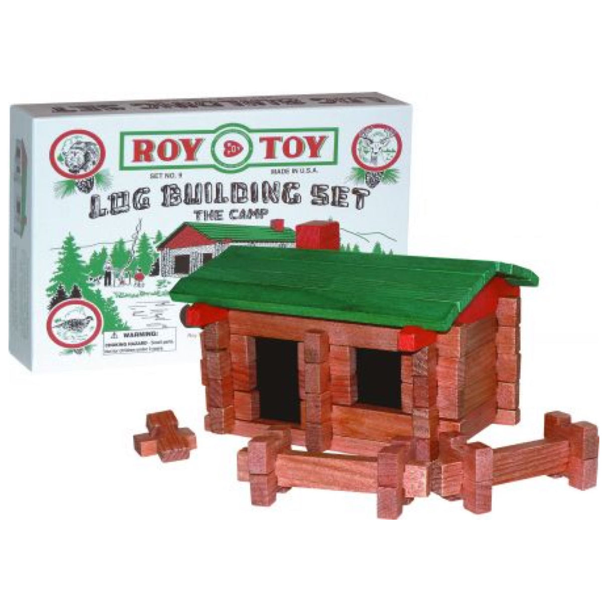Log Cabin Original Camp Set with 37 pieces builds a nostalgic miniature log cabin, includes building directions and colorful box.