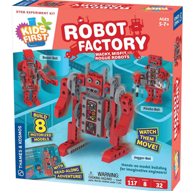 Robot Factory STEM kit for kids ages 5+ to build and motorize 8 unique robotic models with moving parts.