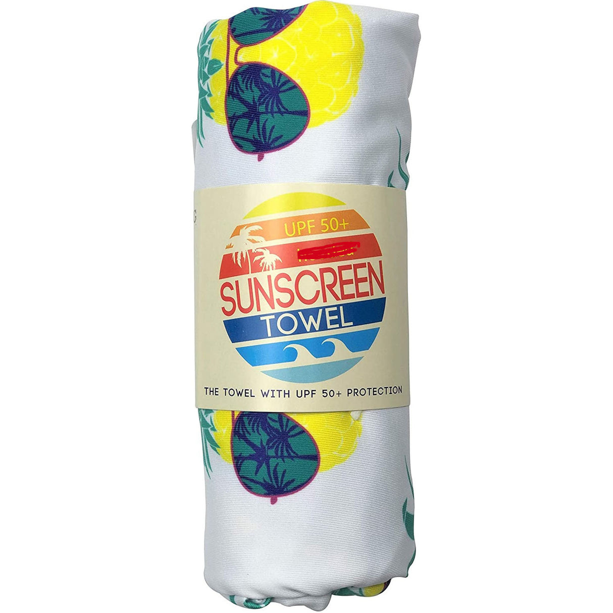 Sunscreen Towel Pineapple rolled up showing sunglasses and pineapple design with UPF 50+ protection label.