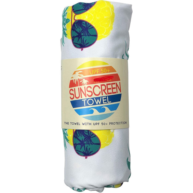 Sunscreen Towel Pineapple rolled up showing sunglasses and pineapple design with UPF 50+ protection label.
