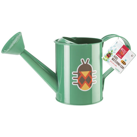 Metal Watering Can in green with beetle design, 5.5 inch tall metal watering can perfect for kids gardening.