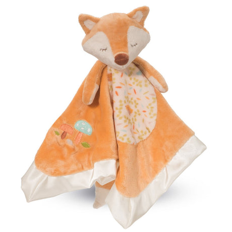 Blankie Snuggler Fox soft plush toy with embroidered face, mushroom appliqué, and silky satin trim for baby comfort.
