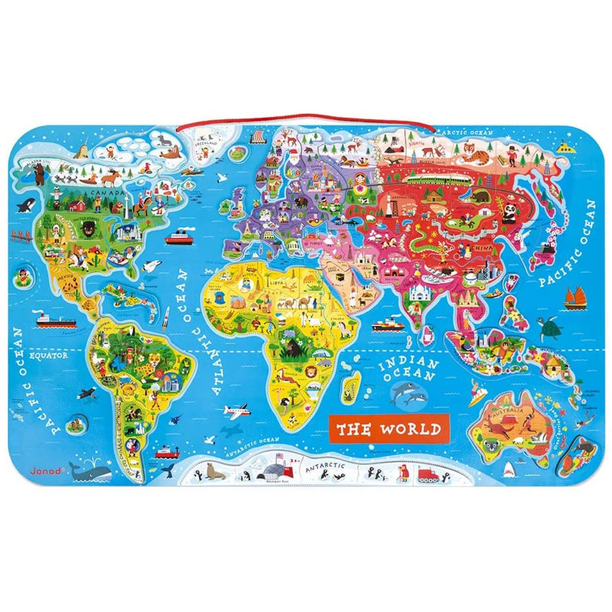 World Magnetic Map featuring colorful continents, oceans, and illustrated country magnets for an educational experience.