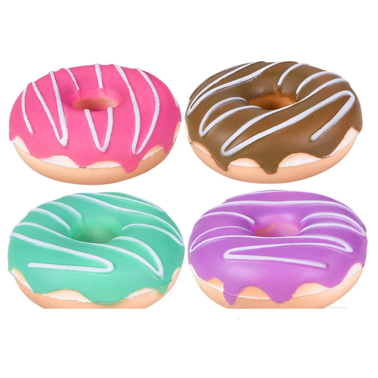 Four assorted colors of 3-inch Squishy Donut toys with icing, super soft and slow rising for stress relief.