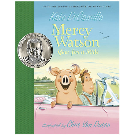 Cover of Mercy Watson Goes for a Ride showing Mercy the pig and a man in a pink convertible on a sunny day.