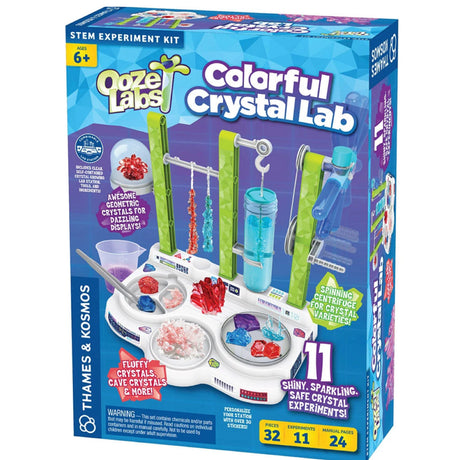 Ooze Labs Colorful Crystal Lab with lab base, colorful crystals, centrifuge, test tubes, and 11 crystal-growing experiments.