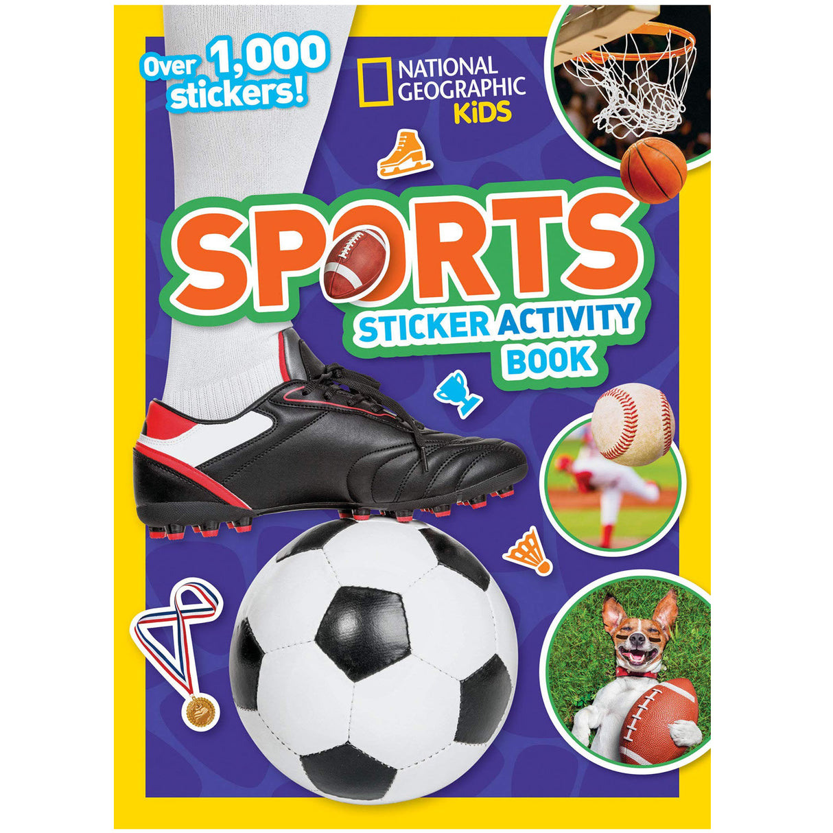 Sports Activity Sticker Book by National Geographic Kids with soccer ball, cleat, basketball, and baseball images.