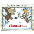 The Mitten book cover shows woodland animals like bear, owl, rabbit, and fox in a snowy forest scene.