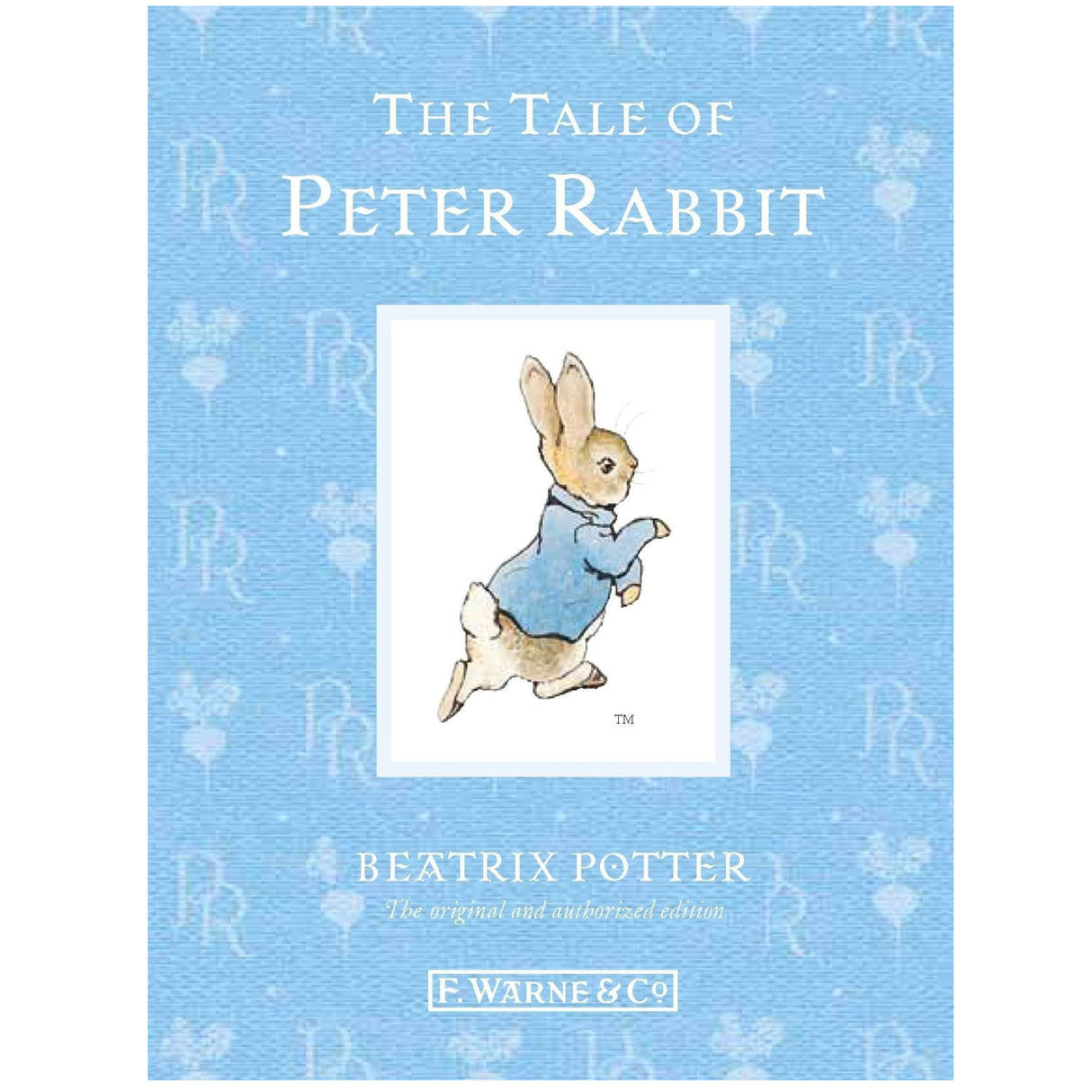 The Tale of Peter Rabbit book cover featuring illustrated rabbit in blue jacket on a light blue background.