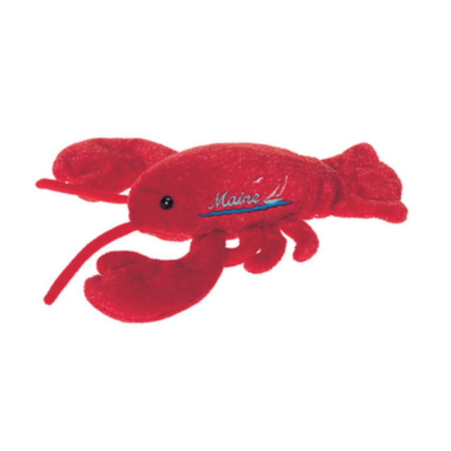 Lobster Maine Bean Bag plush toy, soft red fabric with embroidered "Maine," weighted and perfect for kids ages 3 and up.