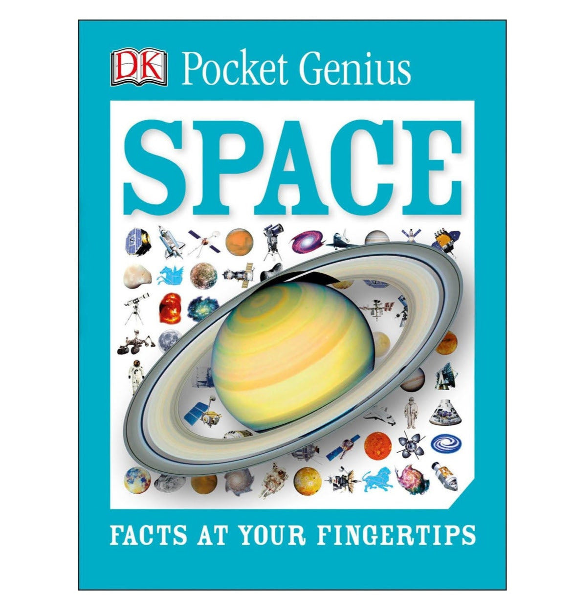 Cover of Pocket Genius Space featuring Saturn and various planets, rockets, and space objects in a compact encyclopedia.