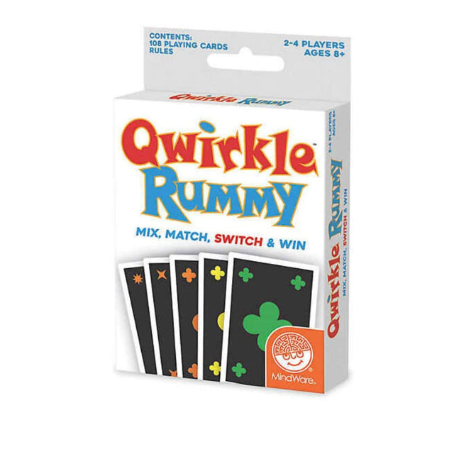 Qwirkle Rummy card game box showing colorful shape cards for 2-4 players aged 8 and up.