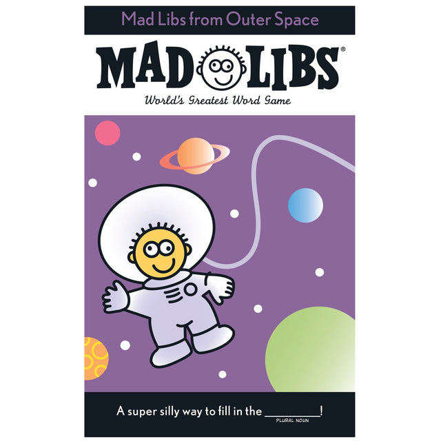 Mad Libs From Outer Space cover with cartoon astronaut penguin and planets, fun word game for kids and adults.