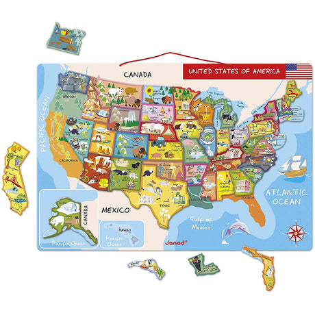 USA Magnetic Map wooden 48-piece puzzle with state landmarks, capitals, and magnetic board for kids aged 7-12.