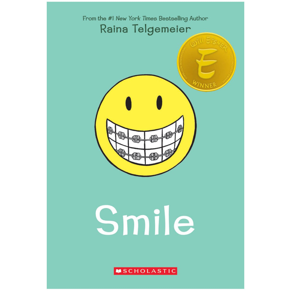 Smile book cover showing a yellow smiley face with braces on a light blue background by Raina Telgemeier.