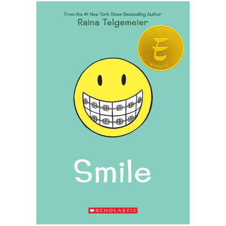Smile book cover showing a yellow smiley face with braces on a light blue background by Raina Telgemeier.