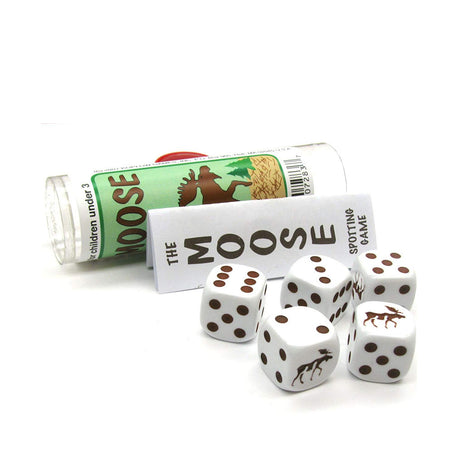Maine Moose Dice Game with five dice featuring moose images and a clear plastic storage tube on white background.