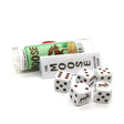 Maine Moose Dice Game with five dice featuring moose images and a clear plastic storage tube on white background.