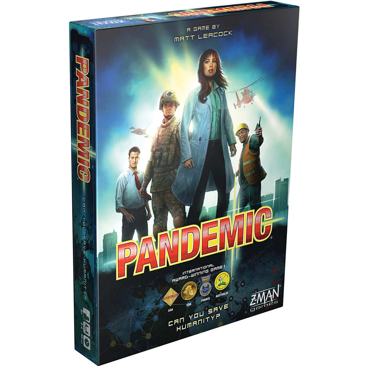 Pandemic board game box featuring specialists working to cure diseases and save humanity from outbreaks.